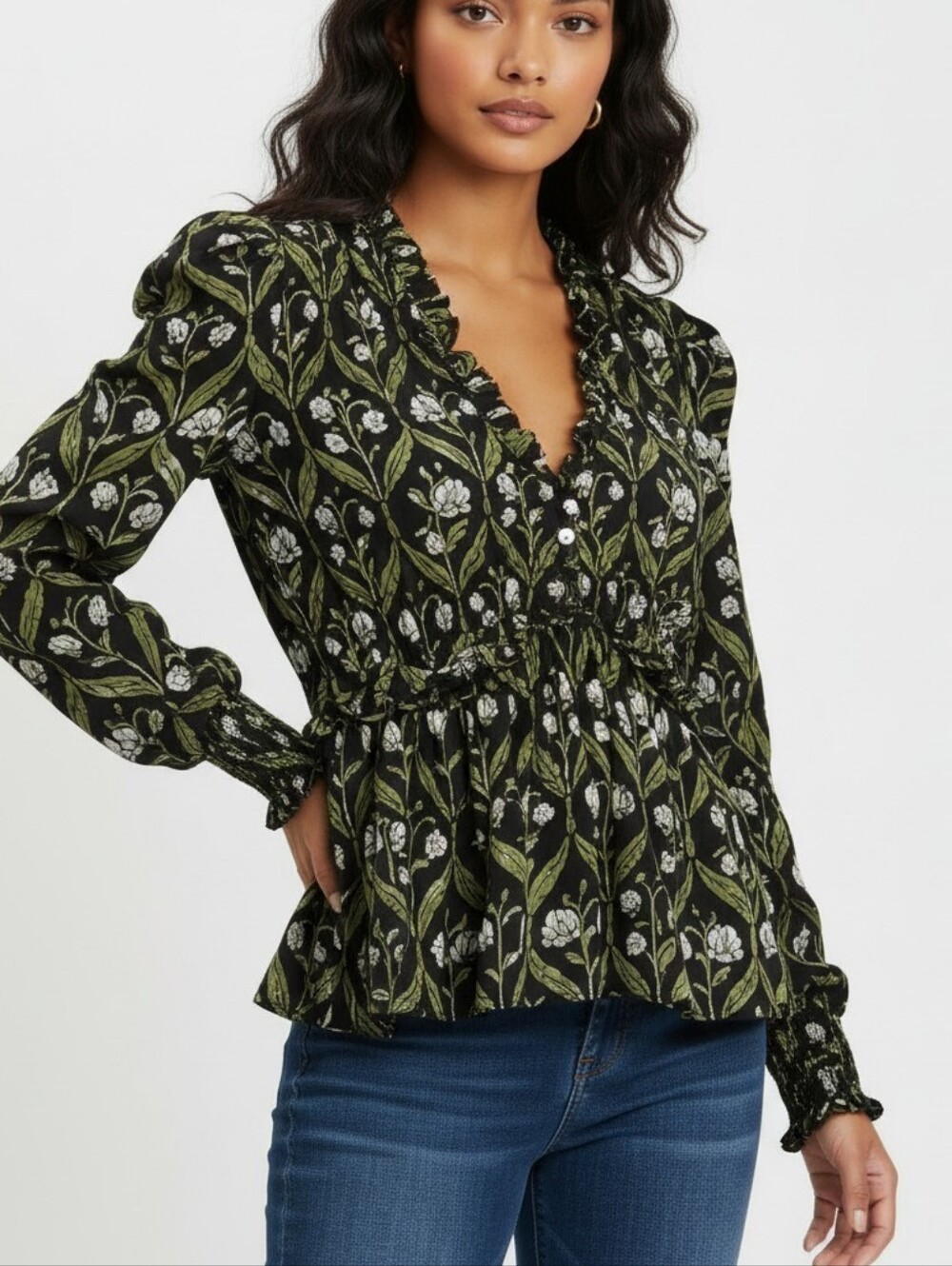 Anthropologie Black Floral V-Neck Peplum Top with Olive Leaves Size XSP